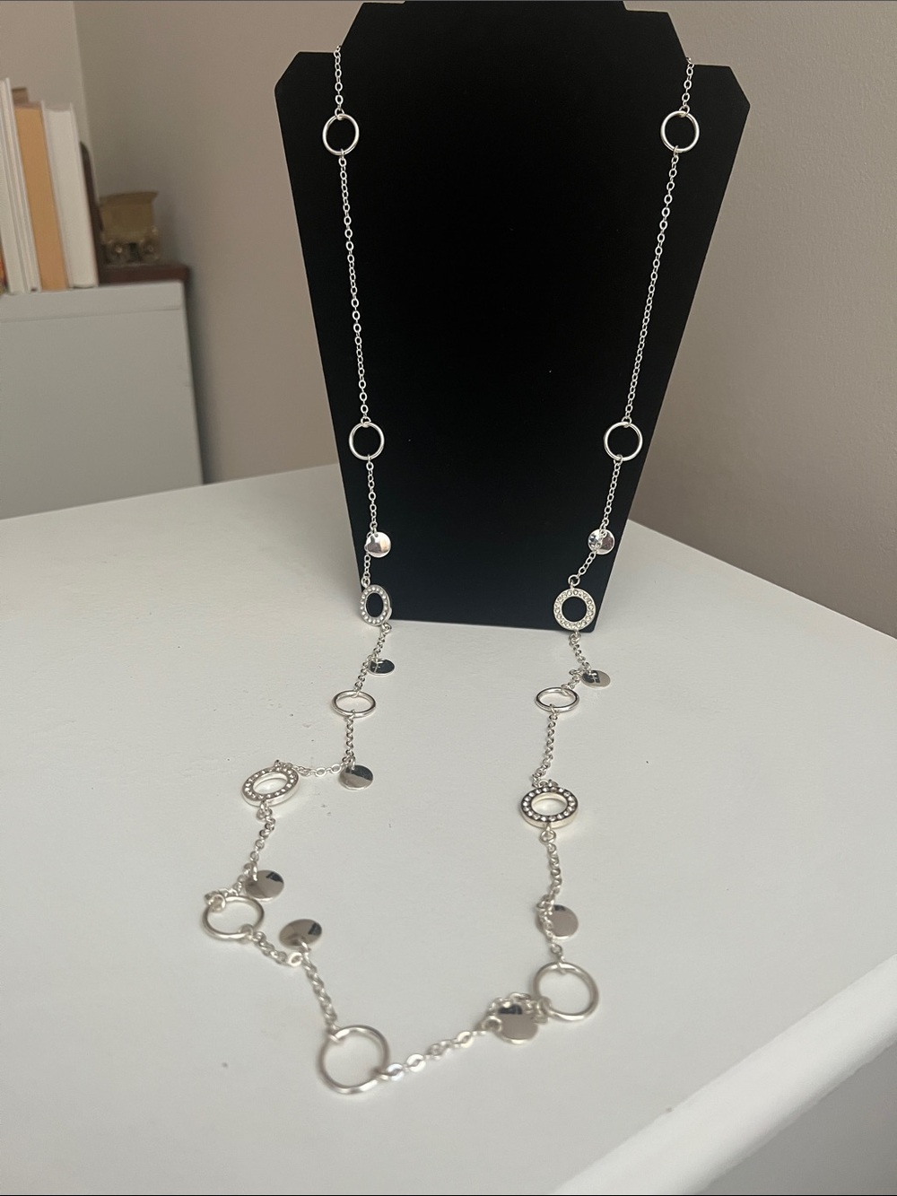 JS Sparkling Silver Open Circle & Disc Long Necklace - Vintage
